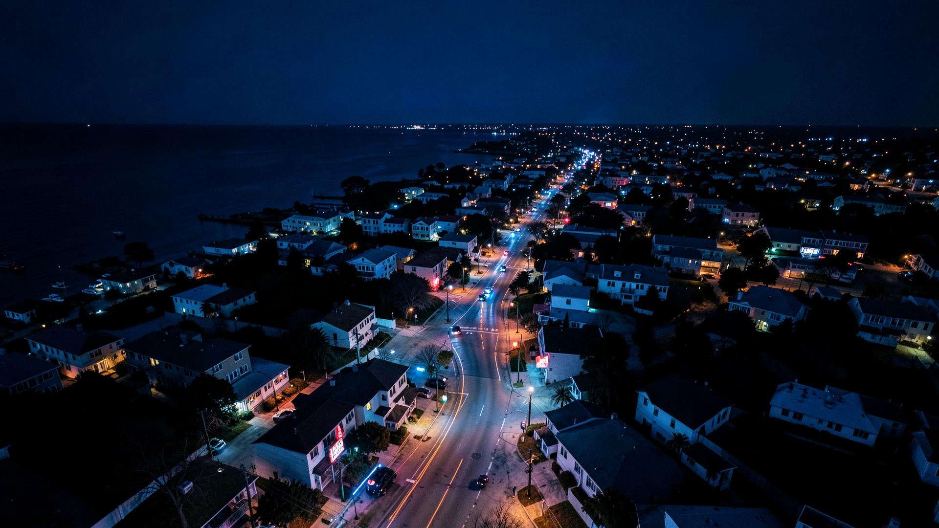 Long Island coastline at night